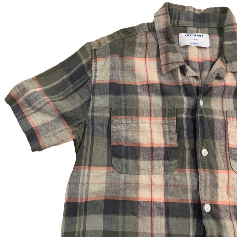 Old Navy | Plaid Short Sleeve Button Down Shirt Size Large (10-12) Army